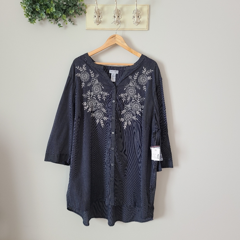 CATHERINES Tunic Top Blue White Stripe Pearls Embr